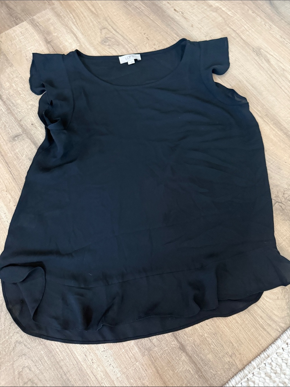 LOFT Black Ruffle Hem Short Sleeve Scoop Neck Top